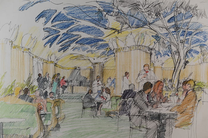 A coloured pencil drawing of a busy restaurant scene sketched by Theo Crosby. Taken from the Theo Crosby Archive housed at the University of Brighton Design Archives.