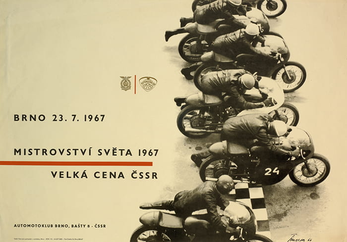 A Czechoslovakian poster with a line of motorcycles racing advertising the motorcycling world championships in Brno in 1967. Designer: Miroslav Simorda. Taken from the ICOGRADA (International Council of Graphic Design Associations) Archive housed at the University of Brighton Design Archives.