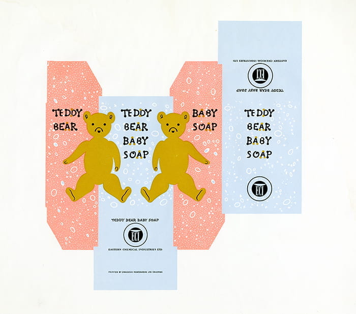 A pastel coloured packaging sample for Teddy Bear Baby Soap, printed by Swadeshi Newspapers Ltd, Colombo, Ceylon in the 1950s and designed by HA Rothholz. Taken from the HA Rothholz Archive housed at the University of Brighton Design Archives.
