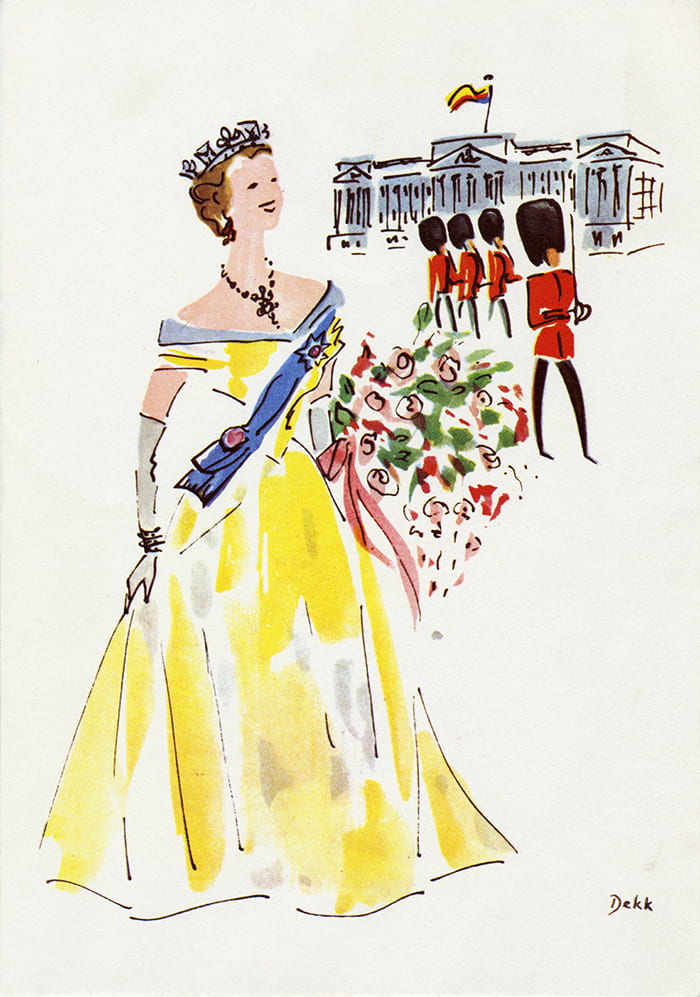 A colourful menu cover design depicting The Queen and her guards. Drwan for P&O Orient Line in the 1960s by Dorrit Dekk. Taken from the Dorrit Dekk Archive housed at the University of Brighton Design Archives.
