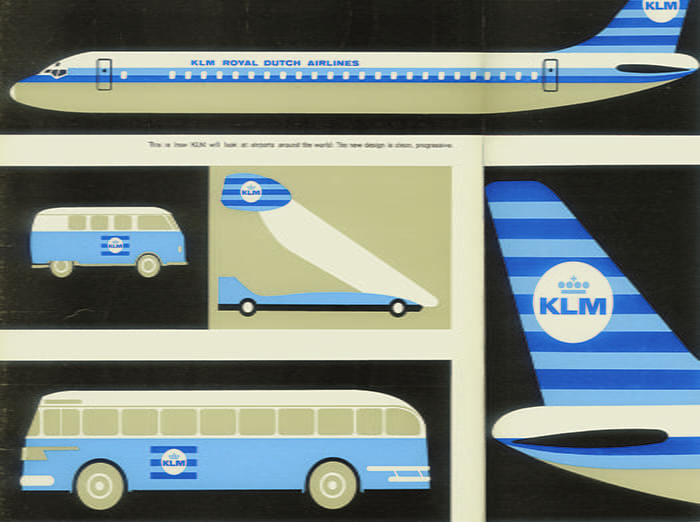 Drawings of KLM plane, KLM minivan, KLM boarding stairs, KLM plane tail, and KLM bus.