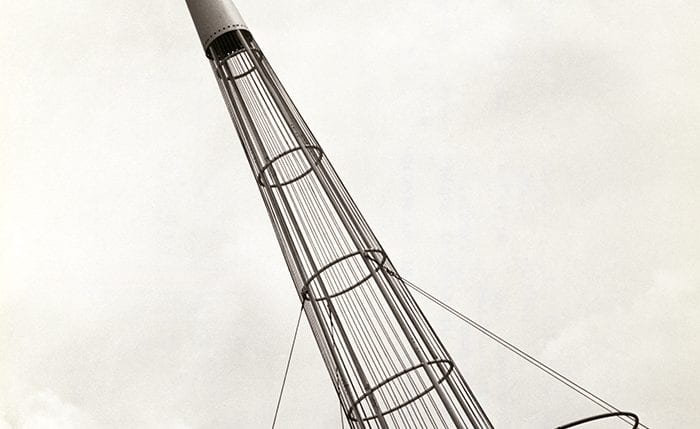 Black and white photograph showing a pointy pylon at the Farm and Factory Exhibition in Northern Ireland, 1951.