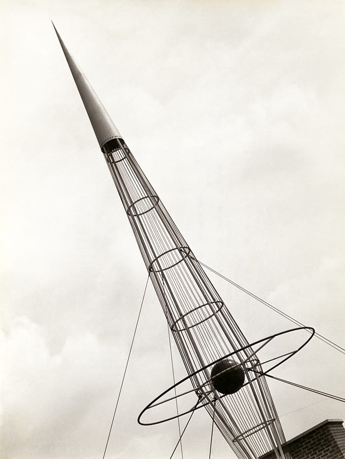 Black and white photograph showing a pointy pylon at the Farm and Factory Exhibition in Northern Ireland, 1951.
