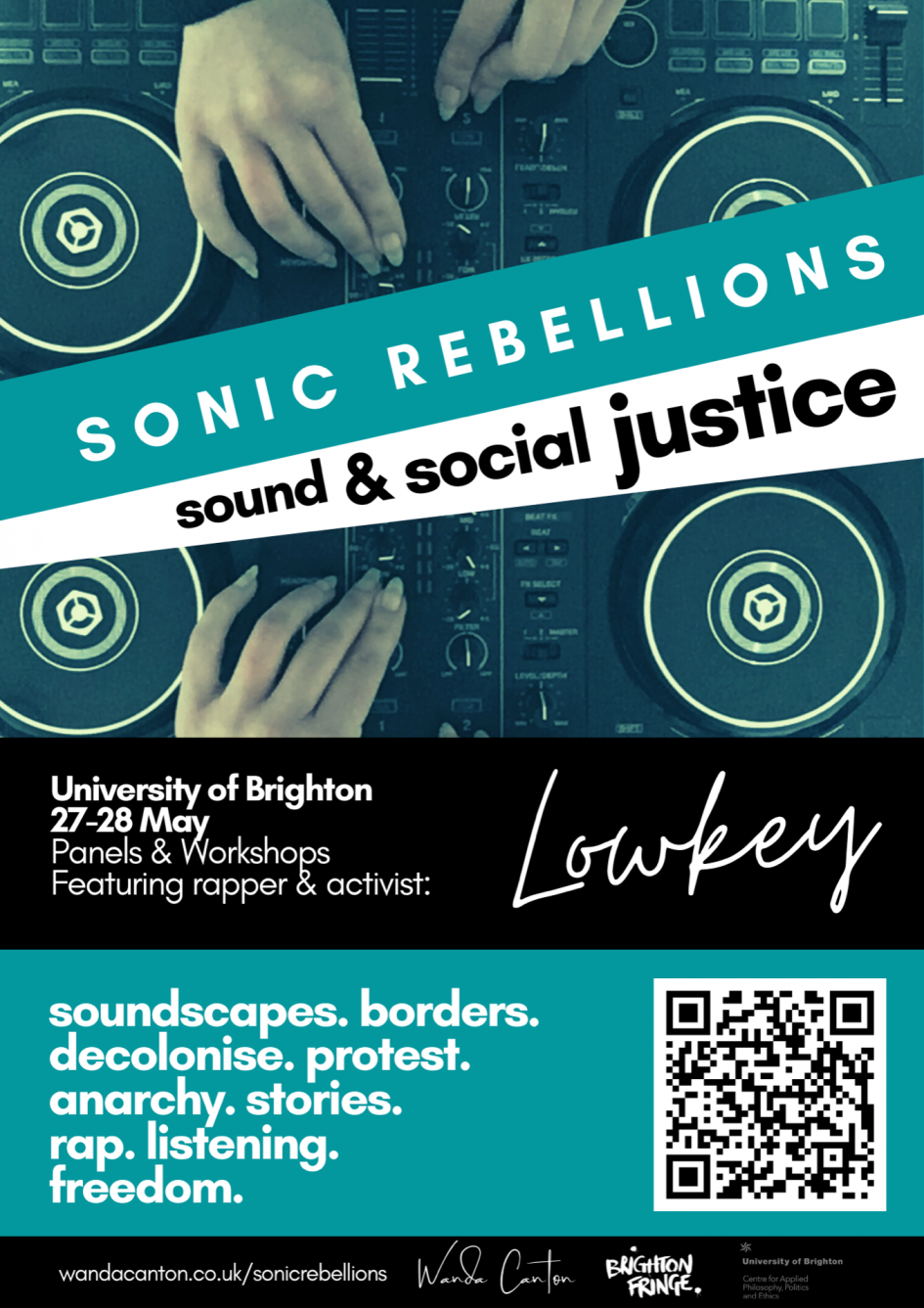 Image is a poster publicising the event. It has a background image of hands on a dj deck and words publicising the event as in description