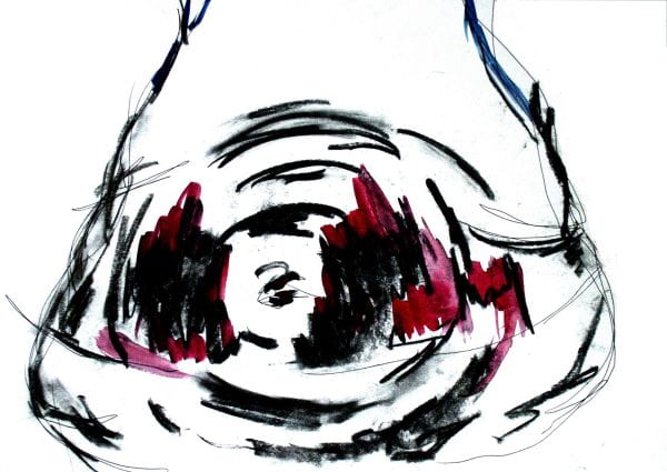 Drawing in broad strokes representing a wounded body with red colour around circular marks.