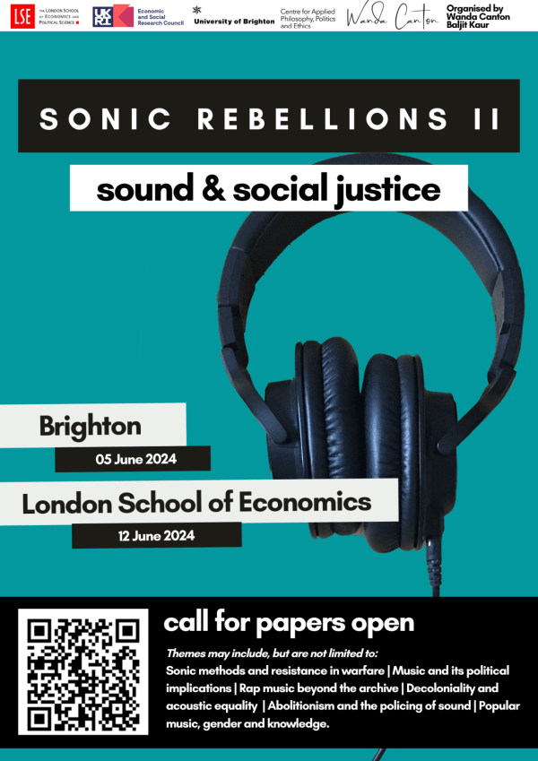 Blue call for papers poster with headphones titled Sonic Rebellions.