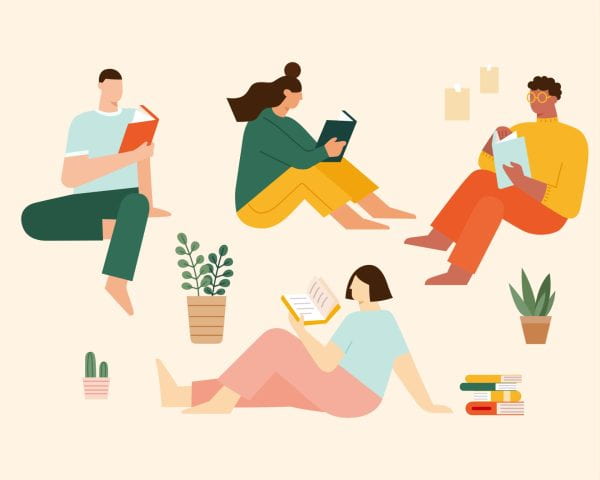 Set of different people reading books. Flat illustration of people enjoying reading.