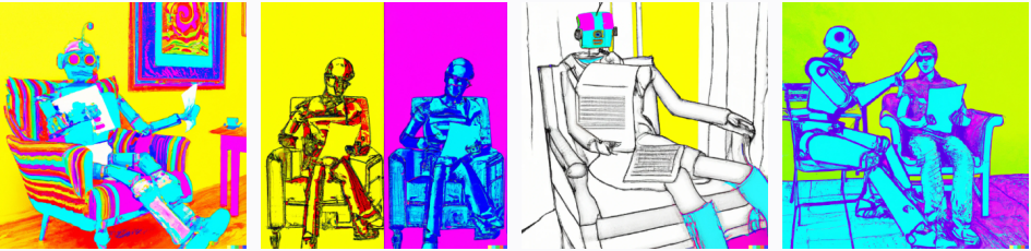 Illustration generated by DALL-E 2. Prompt: "Warhol image of a robot writing an essay next to a student sitting in an armchair".
