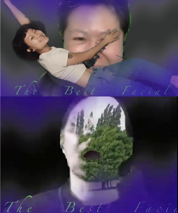 Telematic projection images of Ada Hao's artwork The Best Facial. Italic writing The Best Facial and two heads, one with telematically superimposed body across it, the other with a view of trees replacing the open-mouthed face.