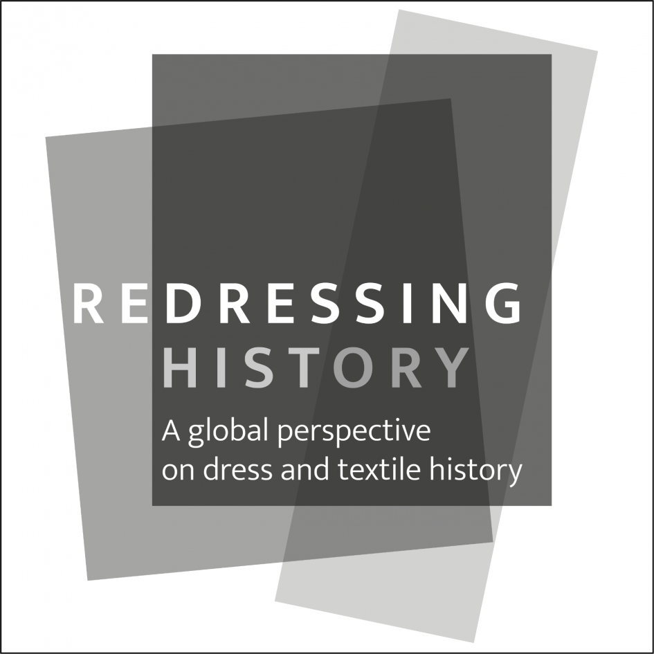 logo of redressing history, with the title written above three rectangles in differing angles and shades of grey