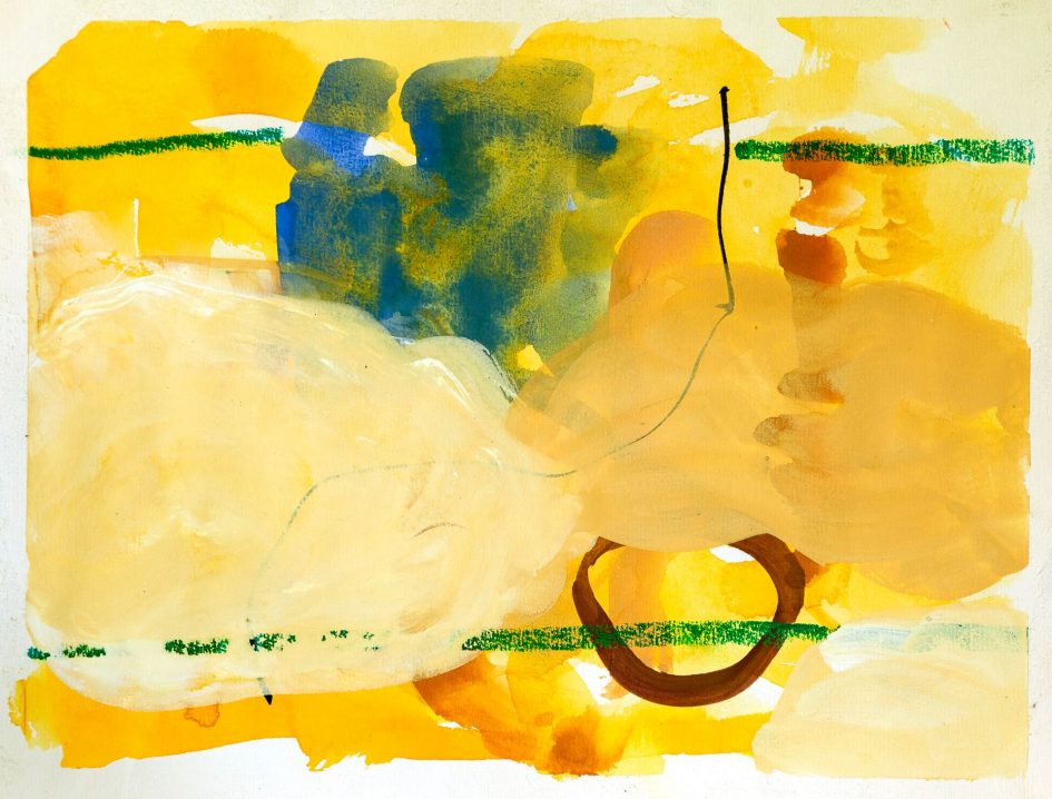 Image of David Crouch's abstract painting 'Space Forms', made of gouache with bright yellows and some blue and red forms