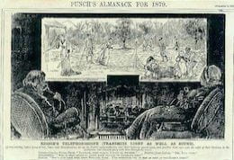 Illustration from the Punch Almanack showing two people in fireside chairs and a large outdoor scene above them