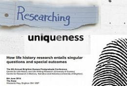 Poster titled Research uniqueness with thumbprint and torn paper graphic devices. Subtitle How life history research entrails singular questions and special outcomes