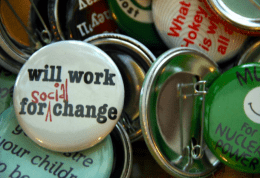 Collection of badges the post prominent reads will work for social change, with word social added as though in pen