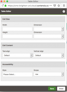 CMS windoe for table cell properties with 'scope' being indicated