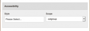 Accessibility panel with Scope=colgroup selected