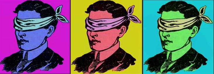 Event logo: repeat pop-art style images of a blindfolded man