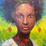 Photo of a painted portrait of a young black woman holding a red flower against a backdrop suggesting land and sky