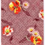 Fabric design red and yellow flowers on red brown background from Walter Fielden Royle collection