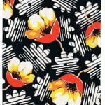 Fabric design of poppies and white snowfake abstract shapes from Walter Fielden Royle collection