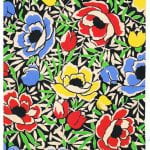 Fabric design of large flower heads in yellow, blue and red closely clustered on stem and leaf background from Walter Fielden Royle collection