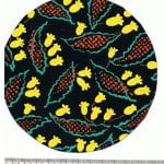 Fabric design in a circle shape with yellow cowslips and leaf shapes on dark background from Walter Fielden Royle collection