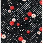 Fabric design of very small red and white flower heads and white geometric hatch marks on dark background from Walter Fielden Royle collection