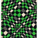Abstract vortex fabric design in green and cream rhomboids on dark background from Walter Fielden Royle collection