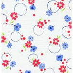 Fabric design small blue and red flowers with curling stems from Walter Fielden Royle collection