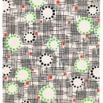 Abstract fabric design with green circle flower abstracts on cross hatch black background in blue and white from Walter Fielden Royle collection