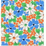Fabric design blue white and red tightly clustered flower heads from Walter Fielden Royle collection