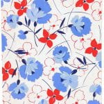 Fabric design larger pale blue and small red flowers with curling stems from Walter Fielden Royle collection