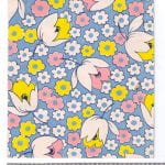 Fabric design with white pink and yellow flowers on blue from the Walter Fielden Royle collection