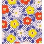 Fabric design with yellow, white and red flowers on checked blue and cream background from the Walter Fielden Royle collection