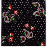 Fabric design with small red flowers on black background from the Walter Fielden Royle collection