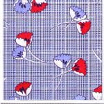 Fabric design with red and blue poppy flowers on blue checked background from the Walter Fielden Royle collection