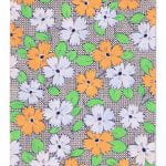 Fabric design white and orange petals with small green leaves from the Walter Fielden Royle collection