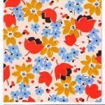 Fabric design with red yellow and blue flowers from the Walter Fielden Royle collection