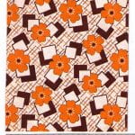 Fabric design orange flower shapes with white and black squares from the Walter Fielden Royle collection