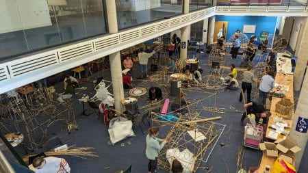 view from above of artists working with willow