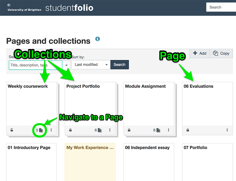 Pages and Collections screen in studentfolio