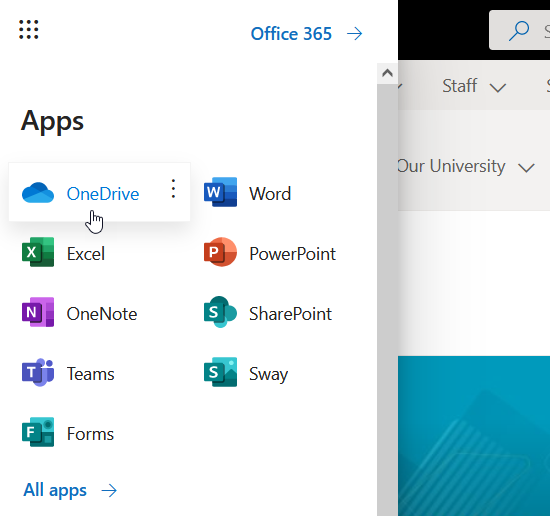 Screenshot of the Office365 app launcher on the top-left of Staffcentral