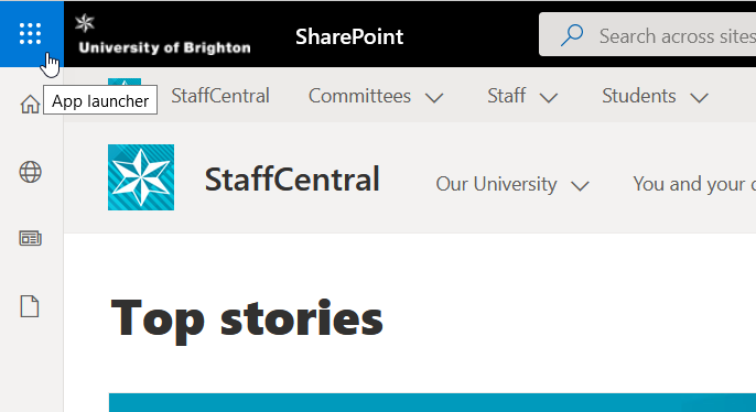 Screenshot of OneDrive access from staffcentral on the top-left of the page