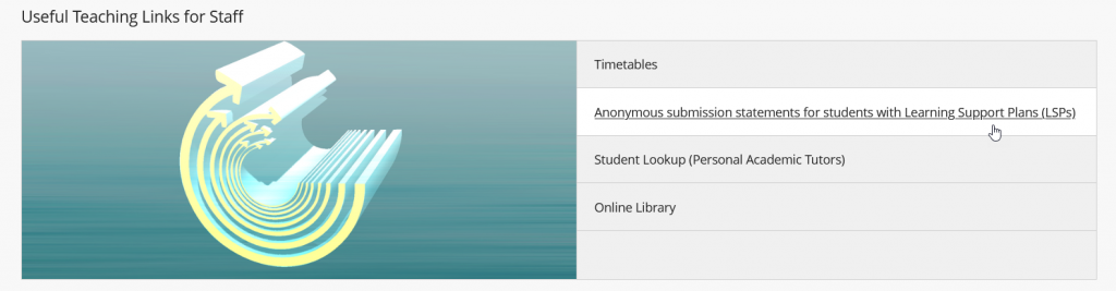 Screenshot of the useful teaching links for staff block a mouse cursor is pointing to the 'Anonymous submission statements for students with Learning Suppost Plans (LSPs)' option in the block