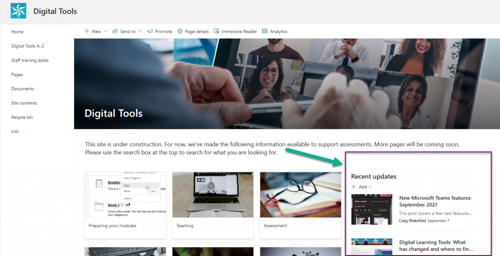 Screenshot showing the Digital Tools page on SharePoint Online - the recent news section is on the right