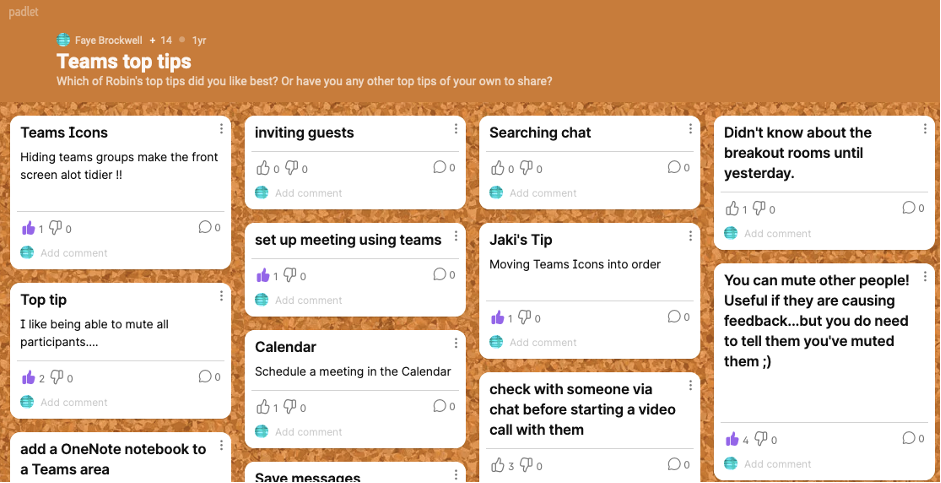 Example of a padlet where contributers have shared tips for using MS Teams