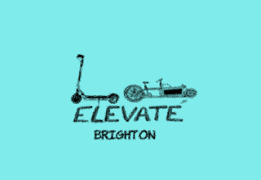 Aqua-Blue background. Outline of an E-scooter and an E-cargo bike above text that reads "ELEVATE Brighton"