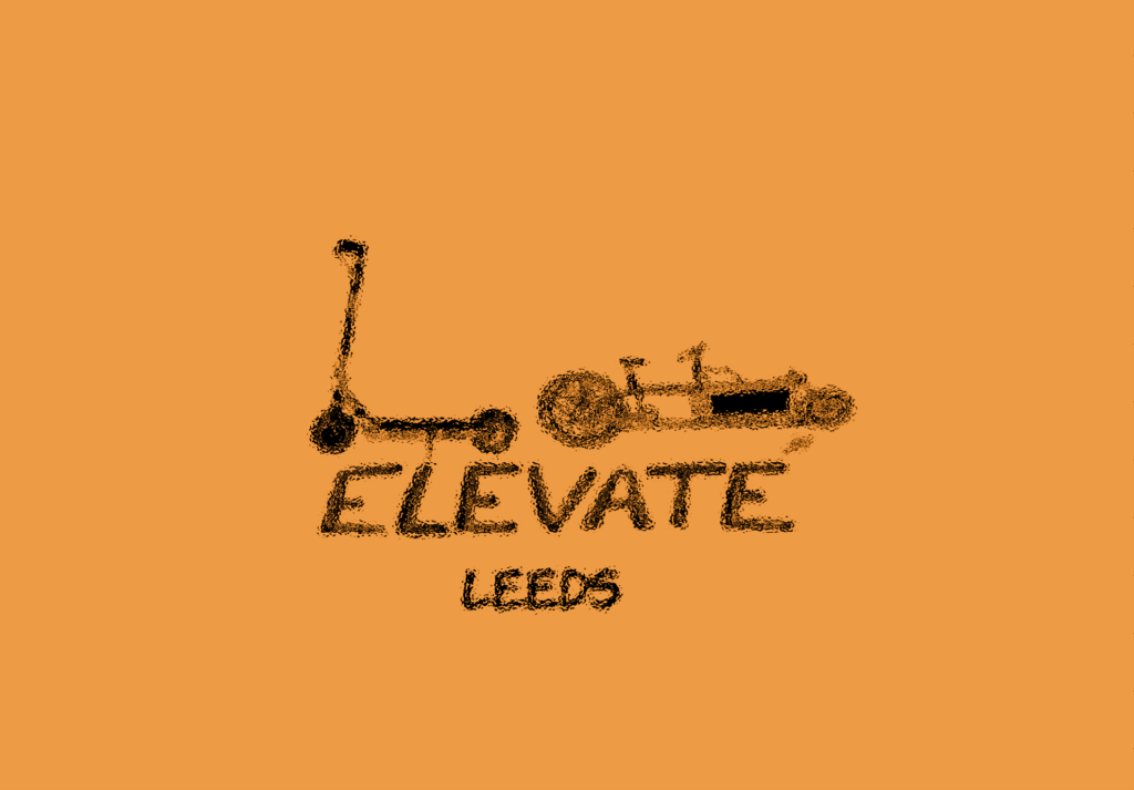 Orange background. Outline of an E-scooter and an E-cargo bike above text that reads "ELEVATE Leeds"