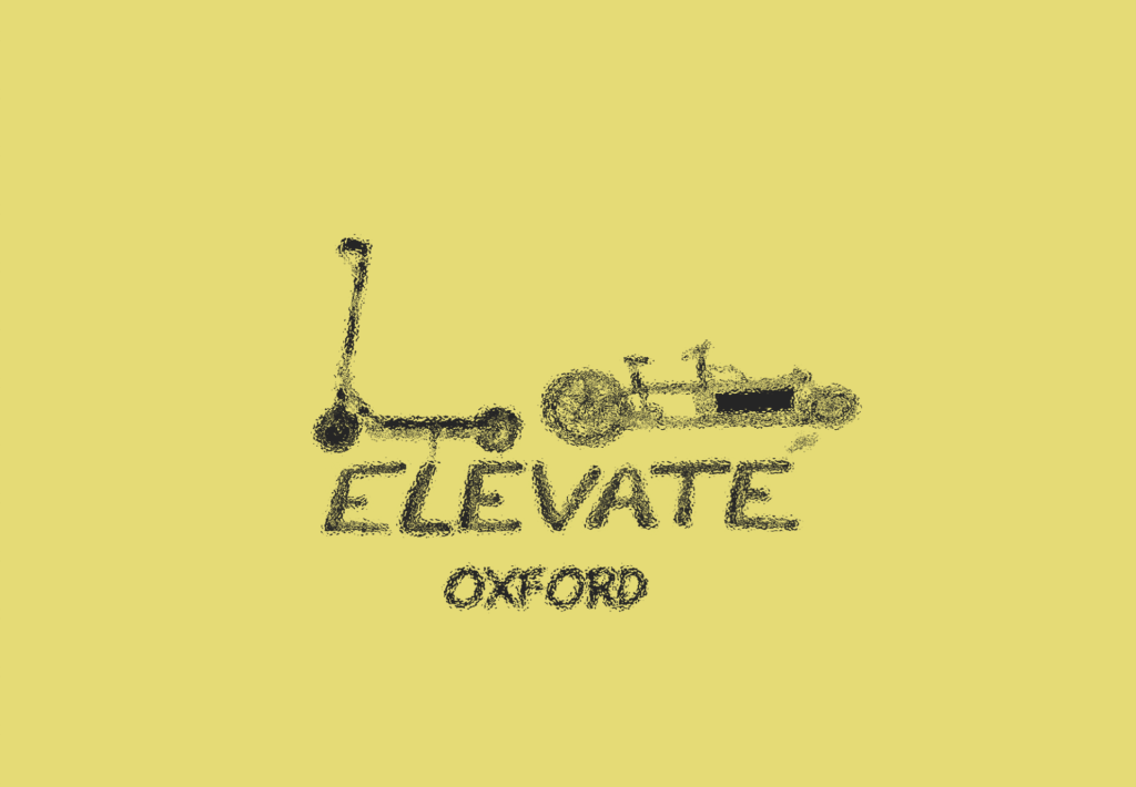 Yellow background. Outline of an E-scooter and an E-cargo bike above text that reads "ELEVATE Oxford"