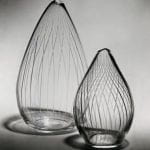 Two tear-shaped glass vases with stripes